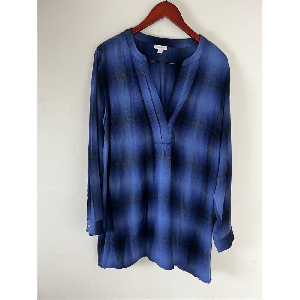 J.Jill Large blue plaid 100% rayon tunic top blouse long sleeve tartan